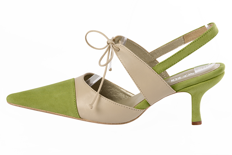 Pistachio green and champagne beige women's open back shoes, with an instep strap. Pointed toe. High slim heel. Profile view - Florence KOOIJMAN